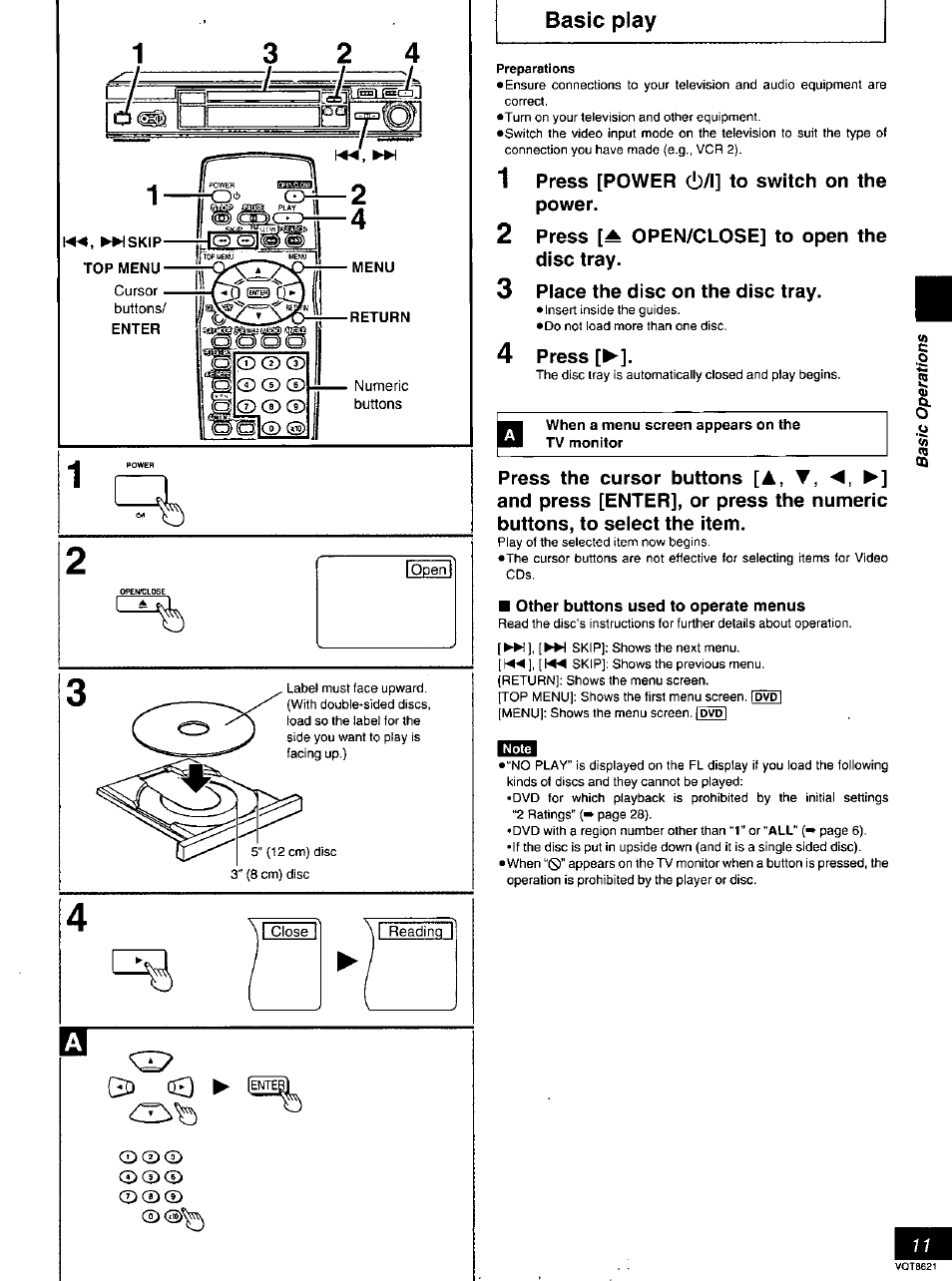 I close i, Reading, Basic play | 1 press [power (!)/!] to switch on the power, 2 press [a open/close] to open the disc tray, 3 place the disc on the disc tray, 4 press | Panasonic DVD-RV80 User Manual | Page 11 / 44