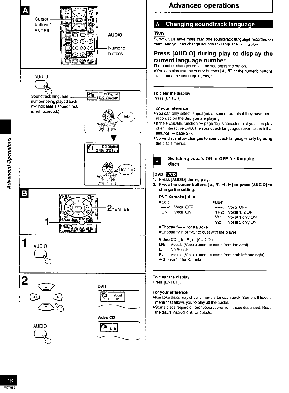 Audio, Advanced operations, A changing soundtrack language | To clear the display, For your reference, Press [audio] during play, Changing soundtrack language, 03 io | Panasonic DVD-RV80 User Manual | Page 16 / 44