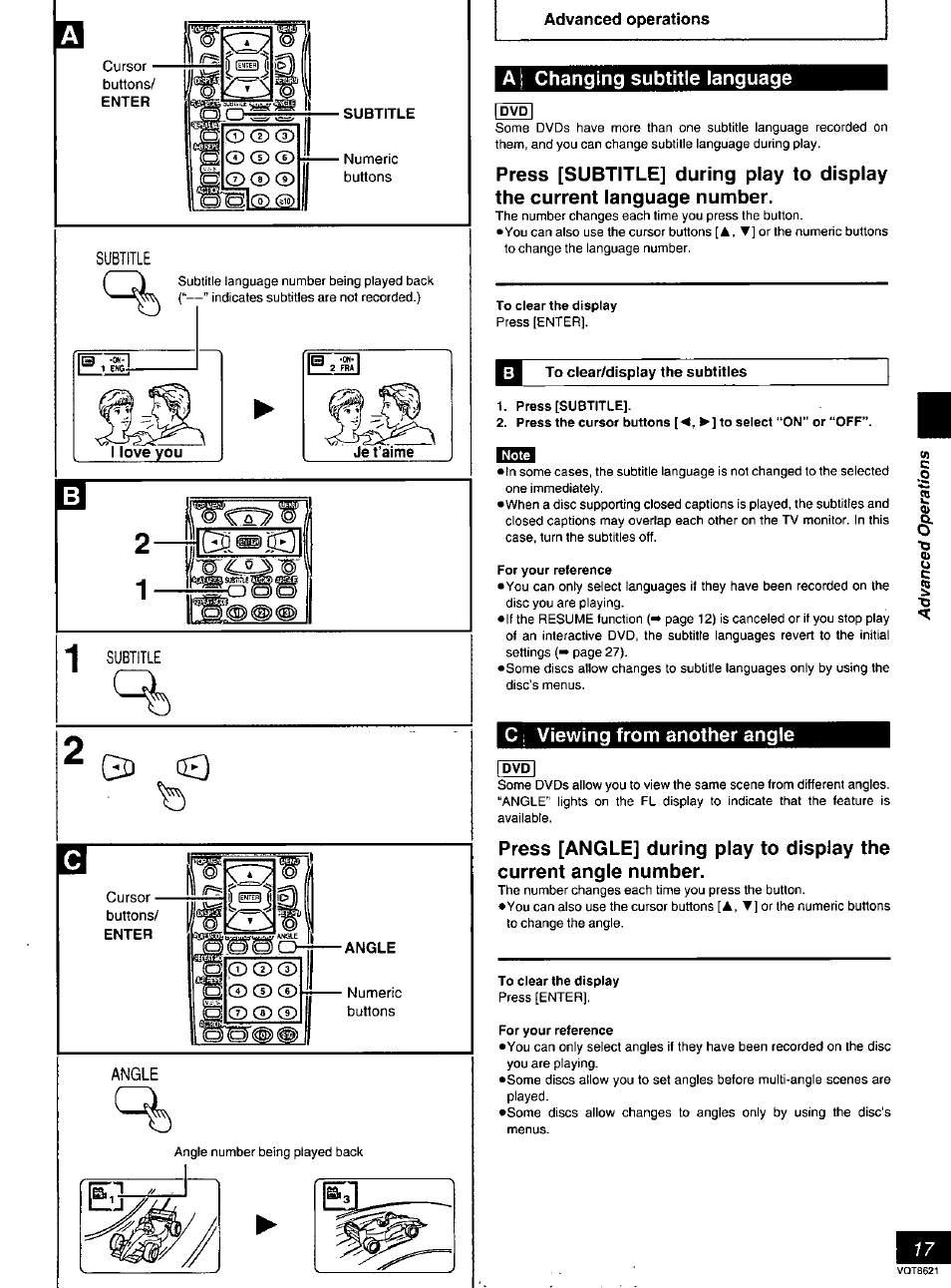 G3 ch, Angle, Aj changing subtitle language | Press [subtitle, For your reference, C1 viewing from another angle, To clear the display, Viewing from another angle | Panasonic DVD-RV80 User Manual | Page 17 / 44