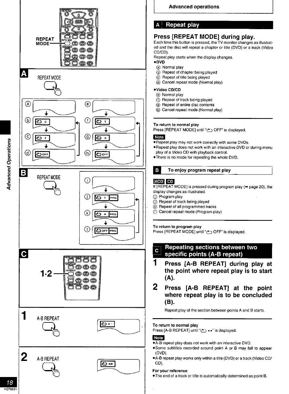 A i repeat play, Press [repeat mode] during play, Video cd/cd | To return to normal play, To return to program play, Repeat play, I repeat play press [repeat mode] during play | Panasonic DVD-RV80 User Manual | Page 18 / 44