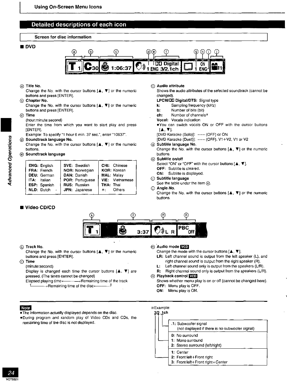 Detailed descriptions of each icon, A) title no, Audio attribute | Track no, Audio mode gqj | Panasonic DVD-RV80 User Manual | Page 24 / 44