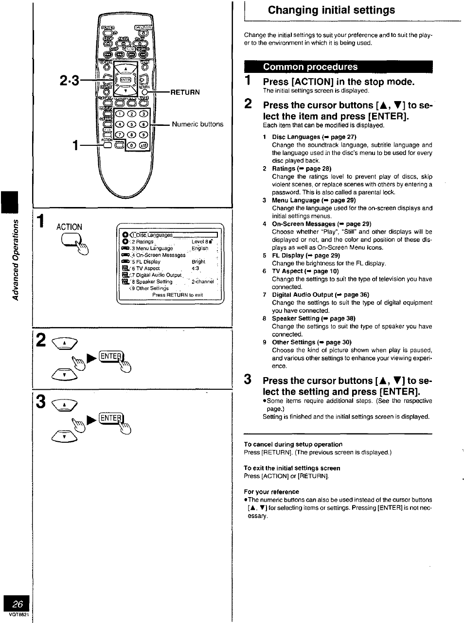 Numeric buttons, Action, Changing initial settings | Common procedures, Press [action] in the stop mode, To cancel during setup operation, To exit the initial settings screen, For your reference, Common procedures press [action] in the stop mode, Press the cursor buttons [ a | Panasonic DVD-RV80 User Manual | Page 26 / 44