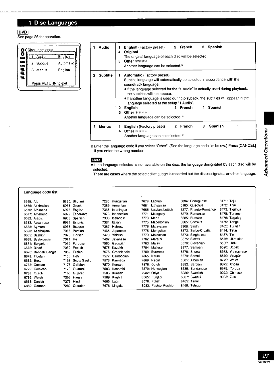 1 disc languages | Panasonic DVD-RV80 User Manual | Page 27 / 44