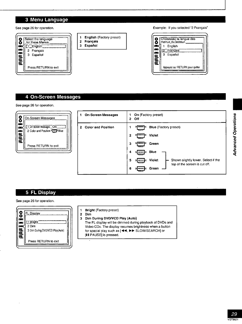 2 français, 4 on-screen messages, 5 fl display | 4 on-screen messages 5 fl display, 3 menu language | Panasonic DVD-RV80 User Manual | Page 29 / 44