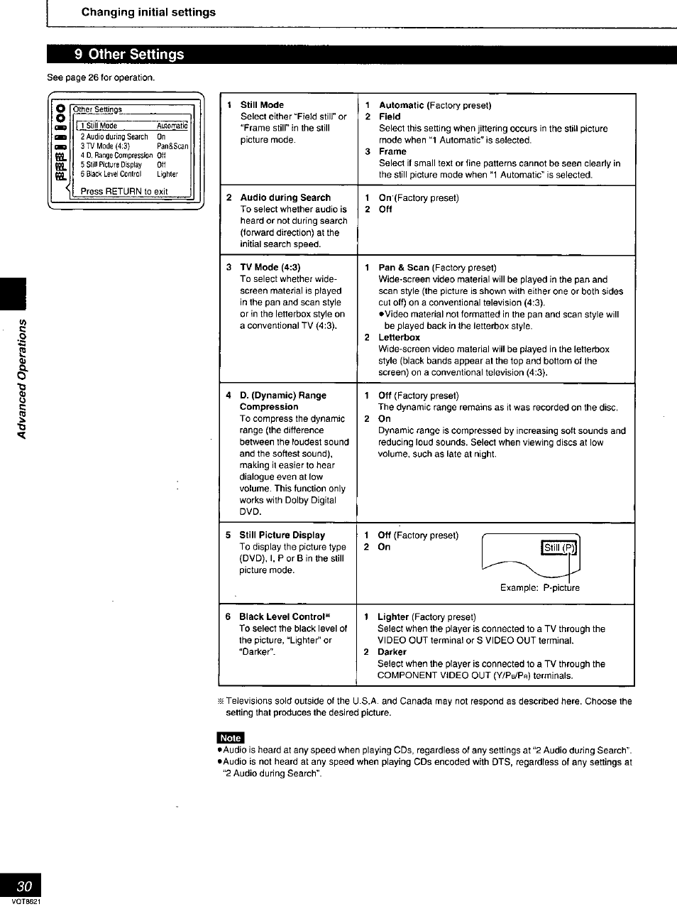 9 other settings, 1 still mode, Audio during search | Tv mode (4:3), D. (dynamic) range compression, 5 still picture display, Black level control, 2 field, 3 frame | Panasonic DVD-RV80 User Manual | Page 30 / 44