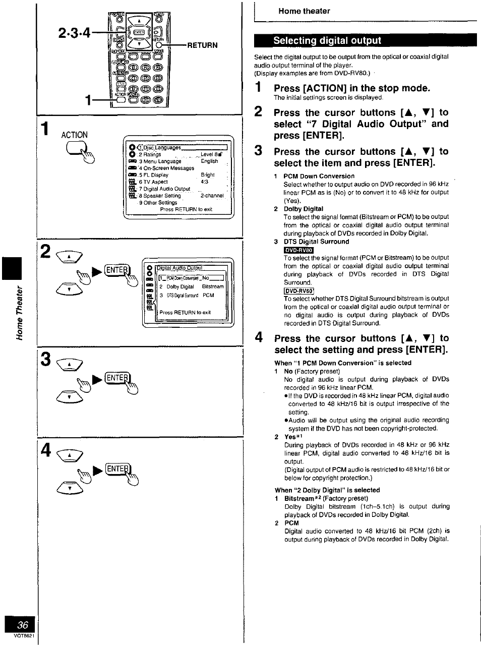 Action, Selecting digital output, 1 press [action] in the stop mode | Press [action] in the stop mode, Press the cursor buttons [ a, Digital audio output” and press [enter | Panasonic DVD-RV80 User Manual | Page 36 / 44