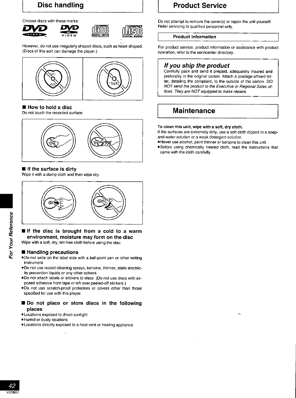 Product service, Maintenance, Product service maintenance | If you ship the product, Disc handling, Jyp pyp, I^qgre | Panasonic DVD-RV80 User Manual | Page 42 / 44