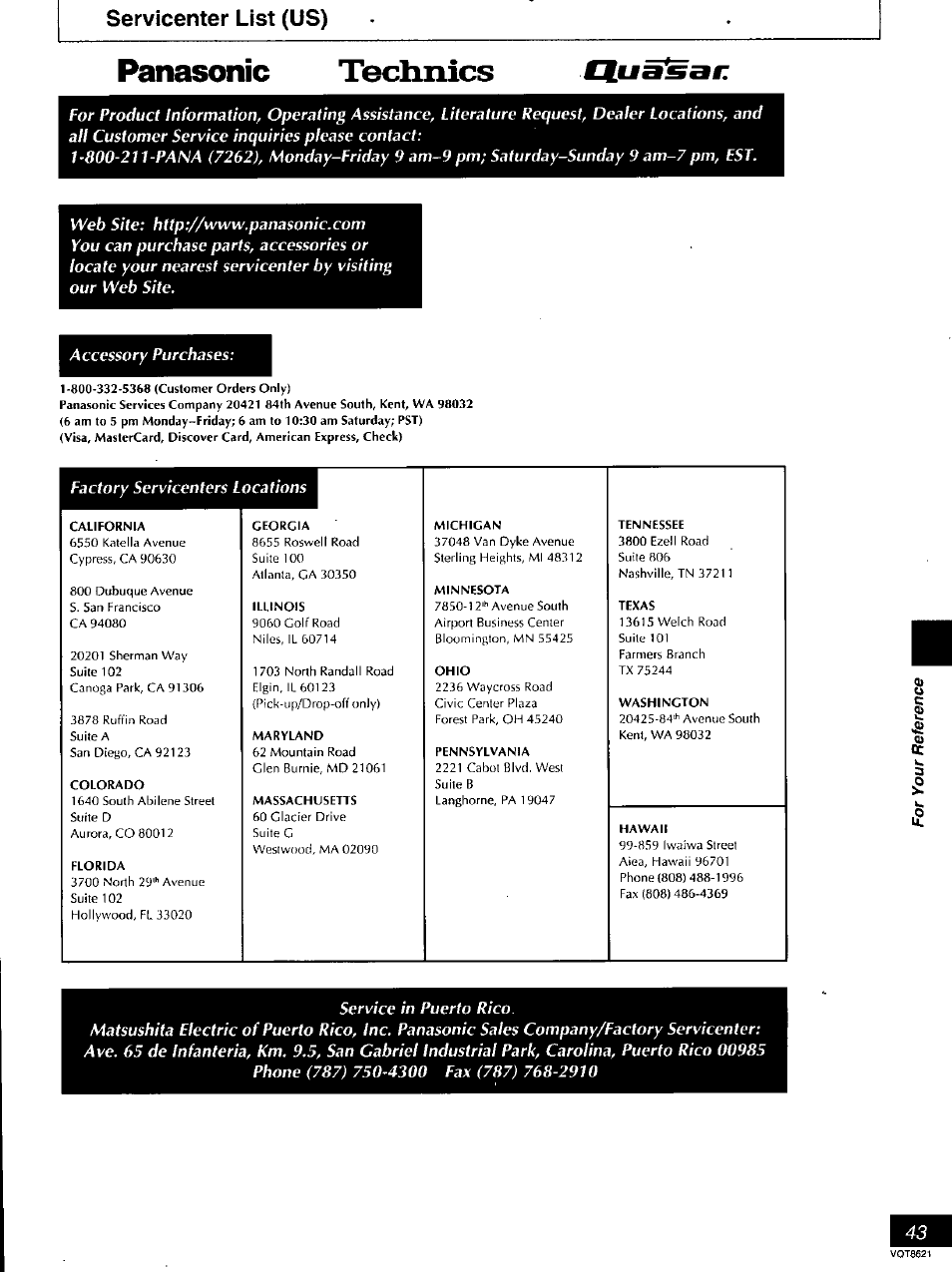 Servicenter list (us), Panasonic, Tedmics | Panasonic tedmics | Panasonic DVD-RV80 User Manual | Page 43 / 44