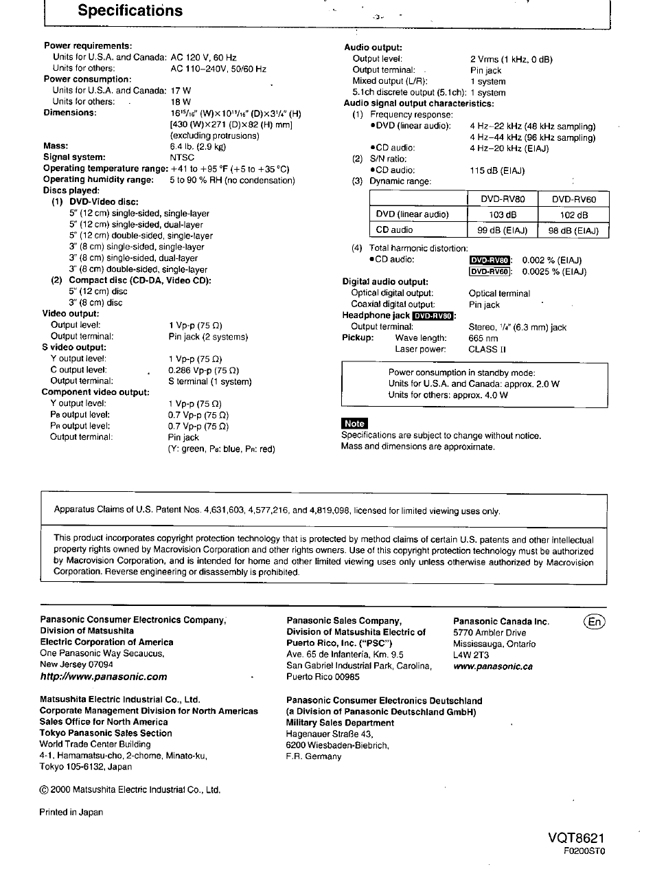 Specifications, Power requirements, Mass | Audio output, Digital audio output, Panasonic canada inc, Matsushita electric industrial co., ltd, Vqt8621 | Panasonic DVD-RV80 User Manual | Page 44 / 44