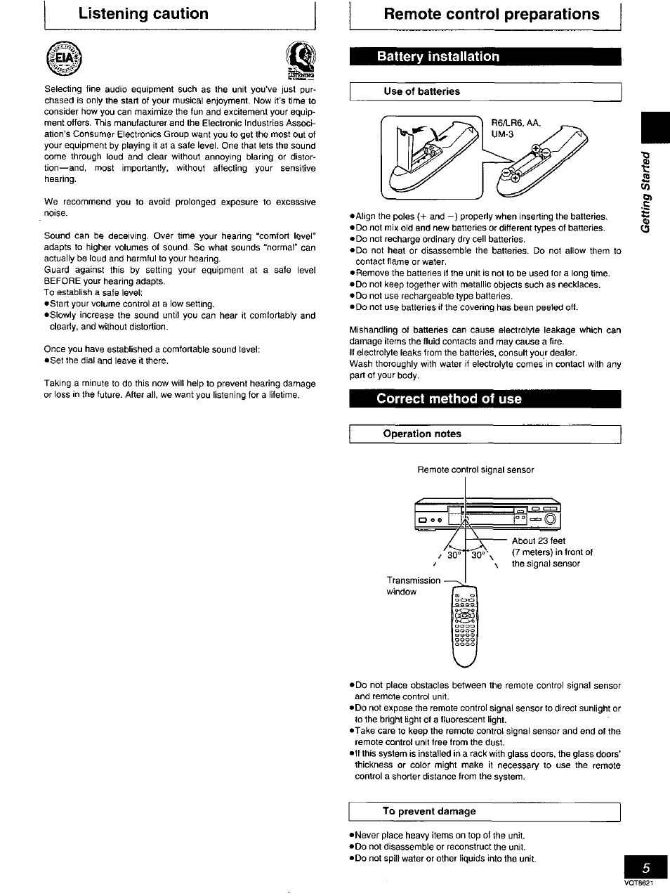 Remote control preparations, Battery installation, Correct method of use | Listening caution remote control preparations | Panasonic DVD-RV80 User Manual | Page 5 / 44