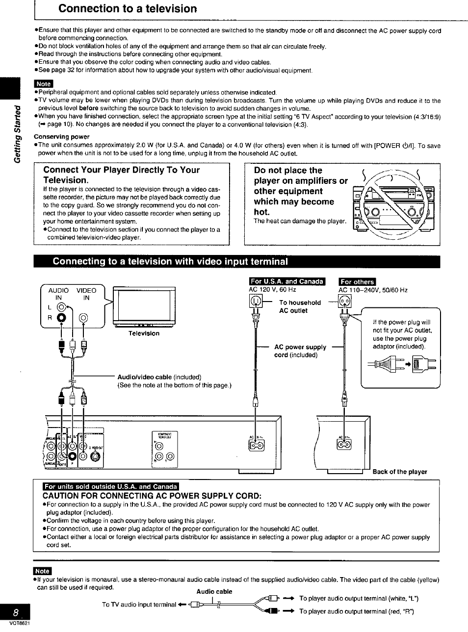 Connection to a television, Conserving power, For u.s.a. and canada for others | Television, I)@(c, To household ac outlet, Ac power supply, Back of the player, For units sold outside u.s.a. and canada, Connect your player directly to your television | Panasonic DVD-RV80 User Manual | Page 8 / 44