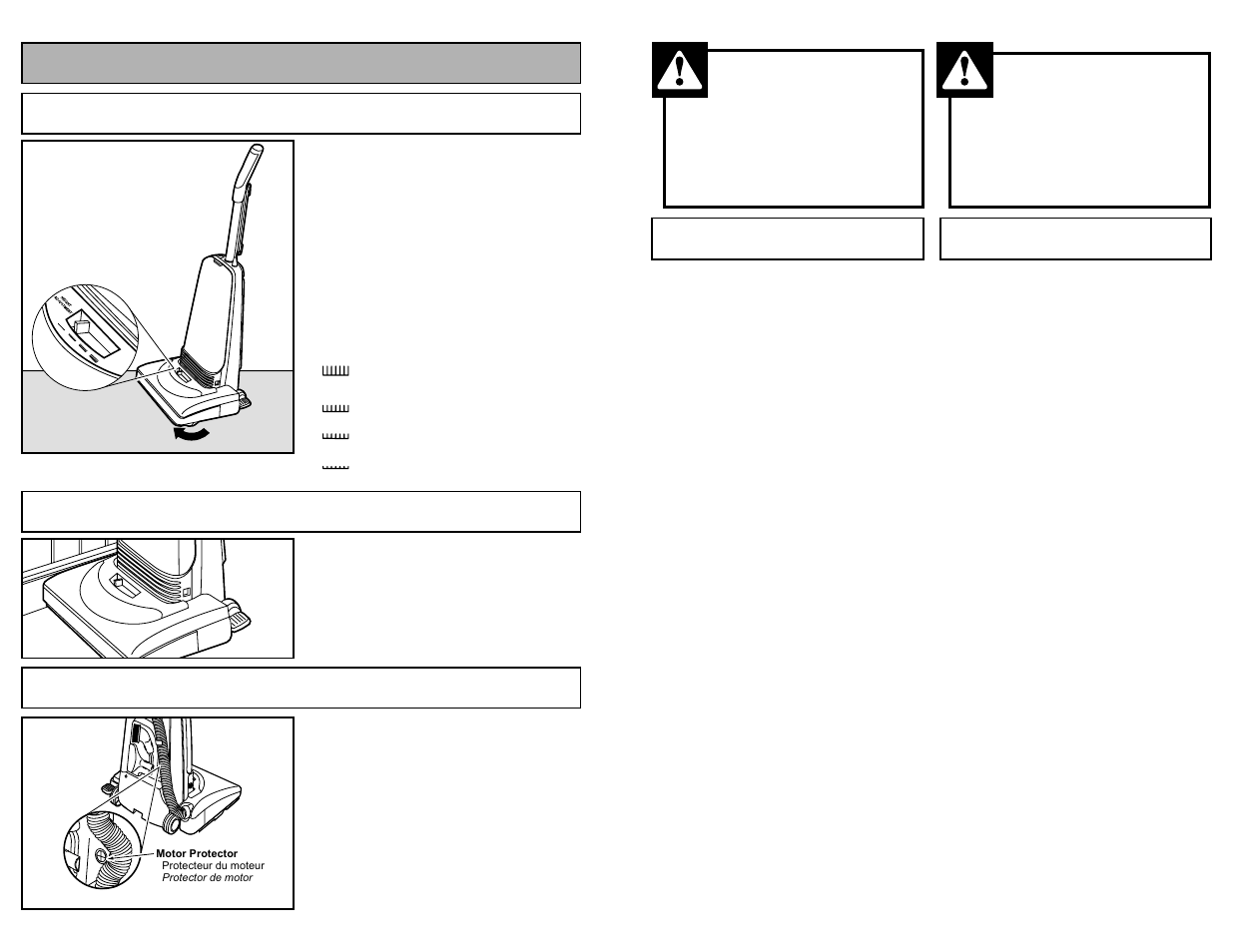 Features, Carpet height selector, Edge cleaning | Motor protector, Advertencia, Avertissement | Panasonic MC-V325 User Manual | Page 18 / 48