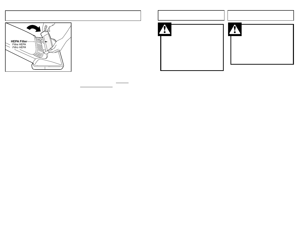 Replacing hepa exhaust filter, Cuidado, Avertissement | Panasonic MC-V325 User Manual | Page 26 / 48