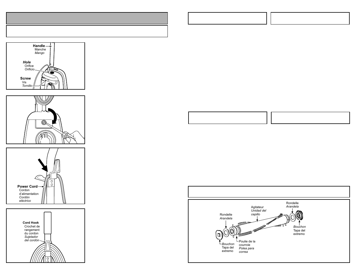 Nettoyage de l'agitateur, Remplacement de l'agitateur, Assemblage de l'agitateur | Limpieza del agitador, Cambiar los cepillos, Assembly, Attaching handle | Panasonic MC-V325 User Manual | Page 35 / 48