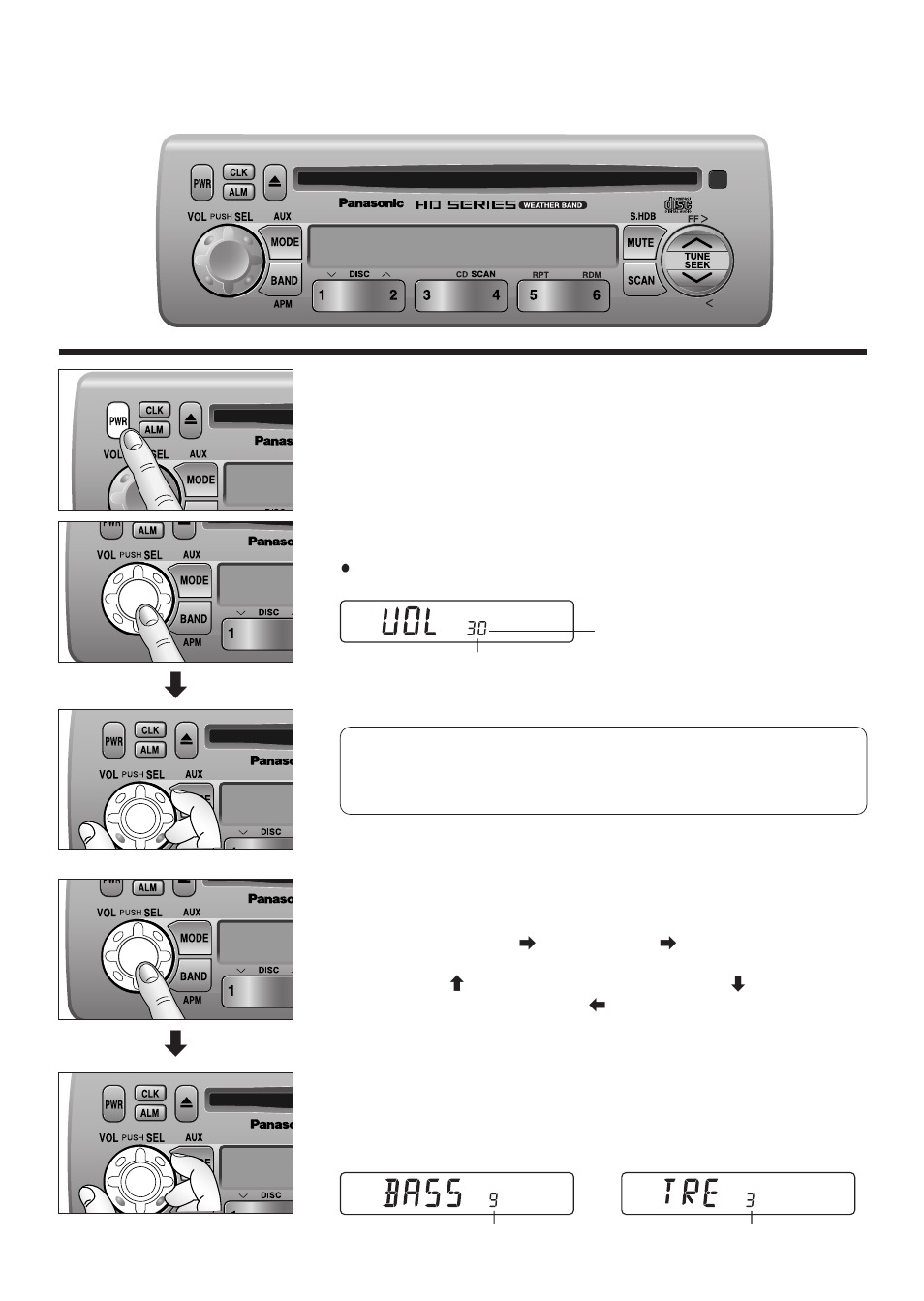 Power and sound controls, Power, Changing audio modes | Volume, Bass and treble | Panasonic 5300U User Manual | Page 6 / 32