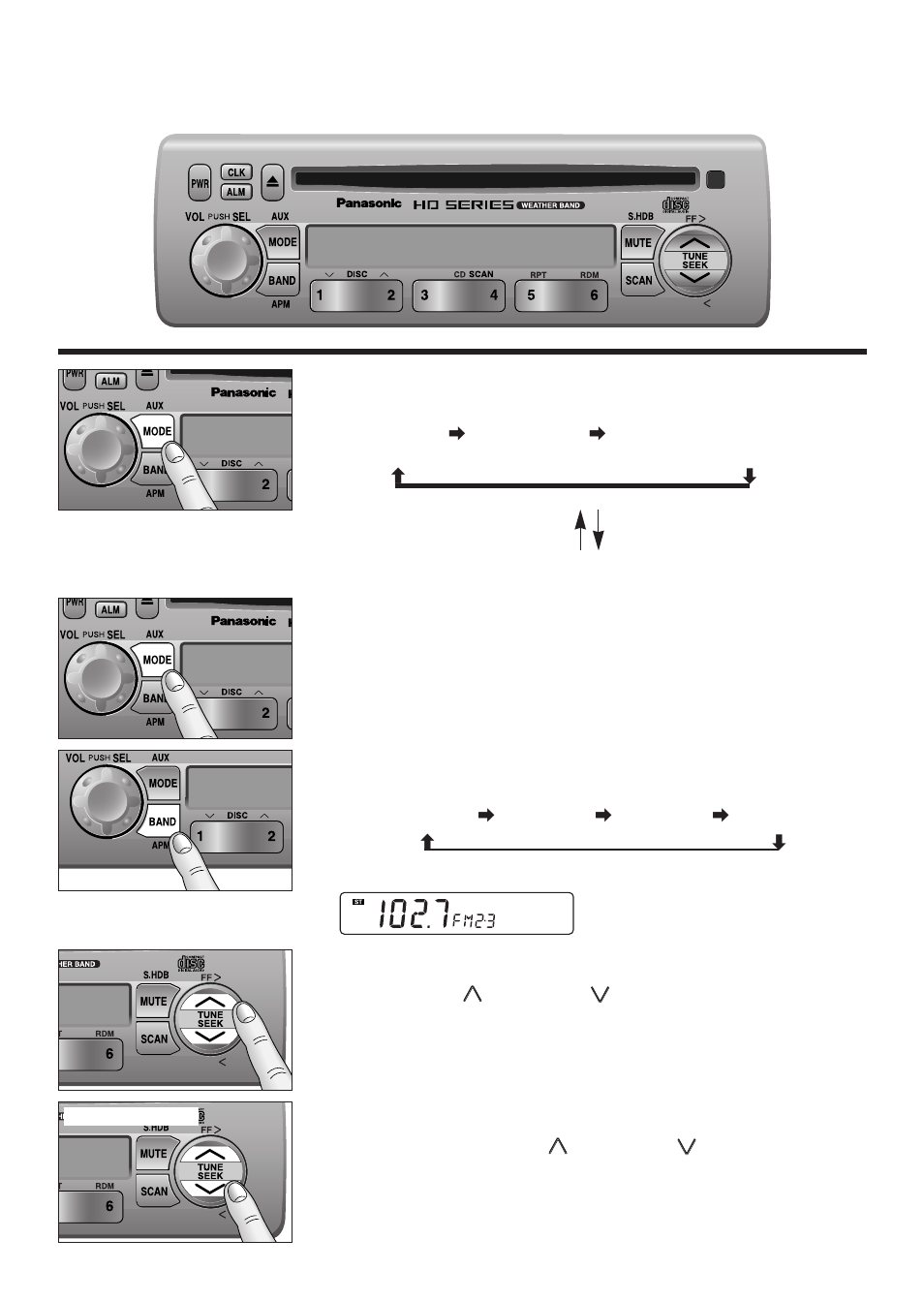 Radio basics, Selecting a band, Manual tuning | Seek tuning, Mode selection | Panasonic 5300U User Manual | Page 9 / 32