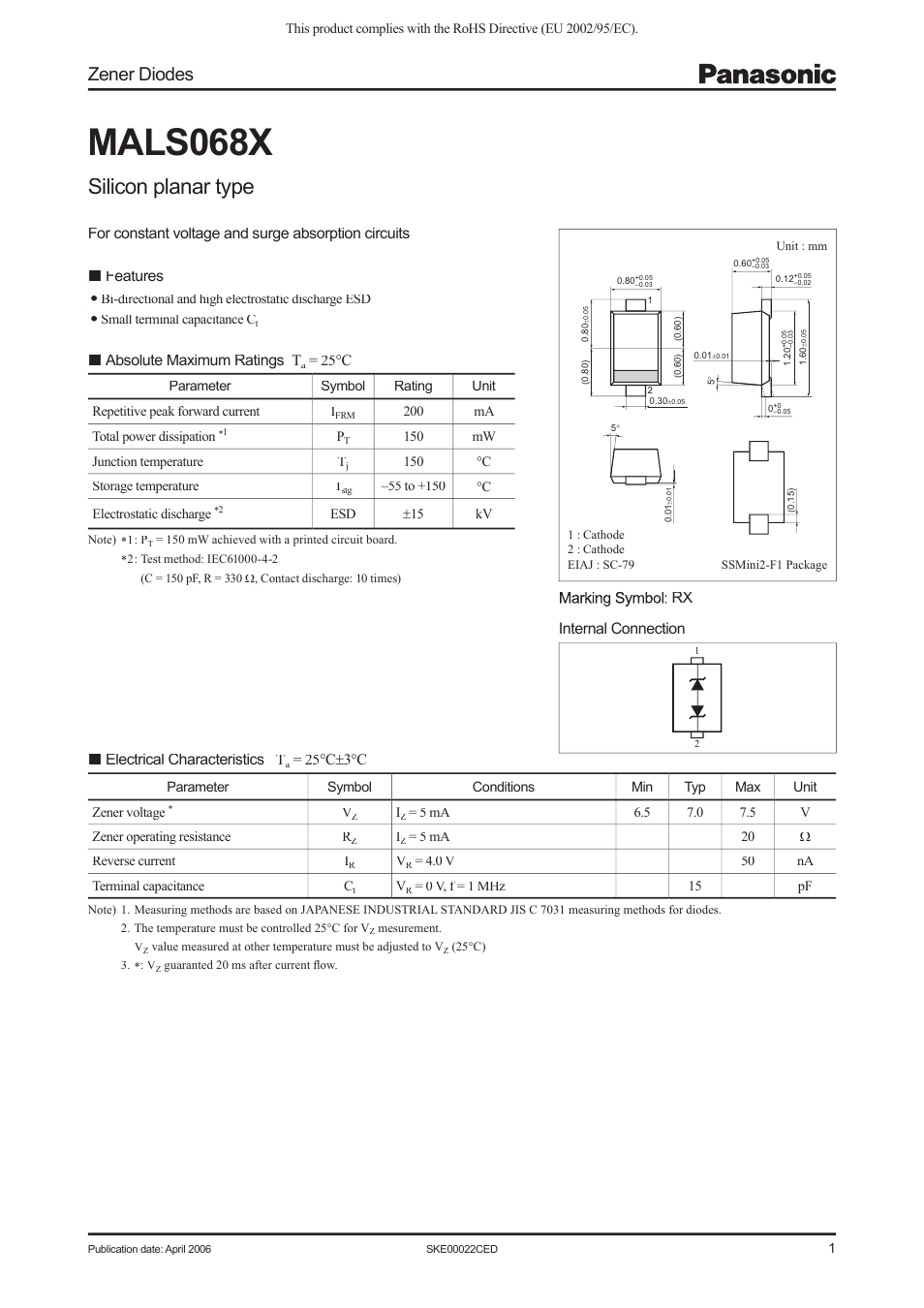 Panasonic Zener Diodes MALS068X User Manual | 2 pages