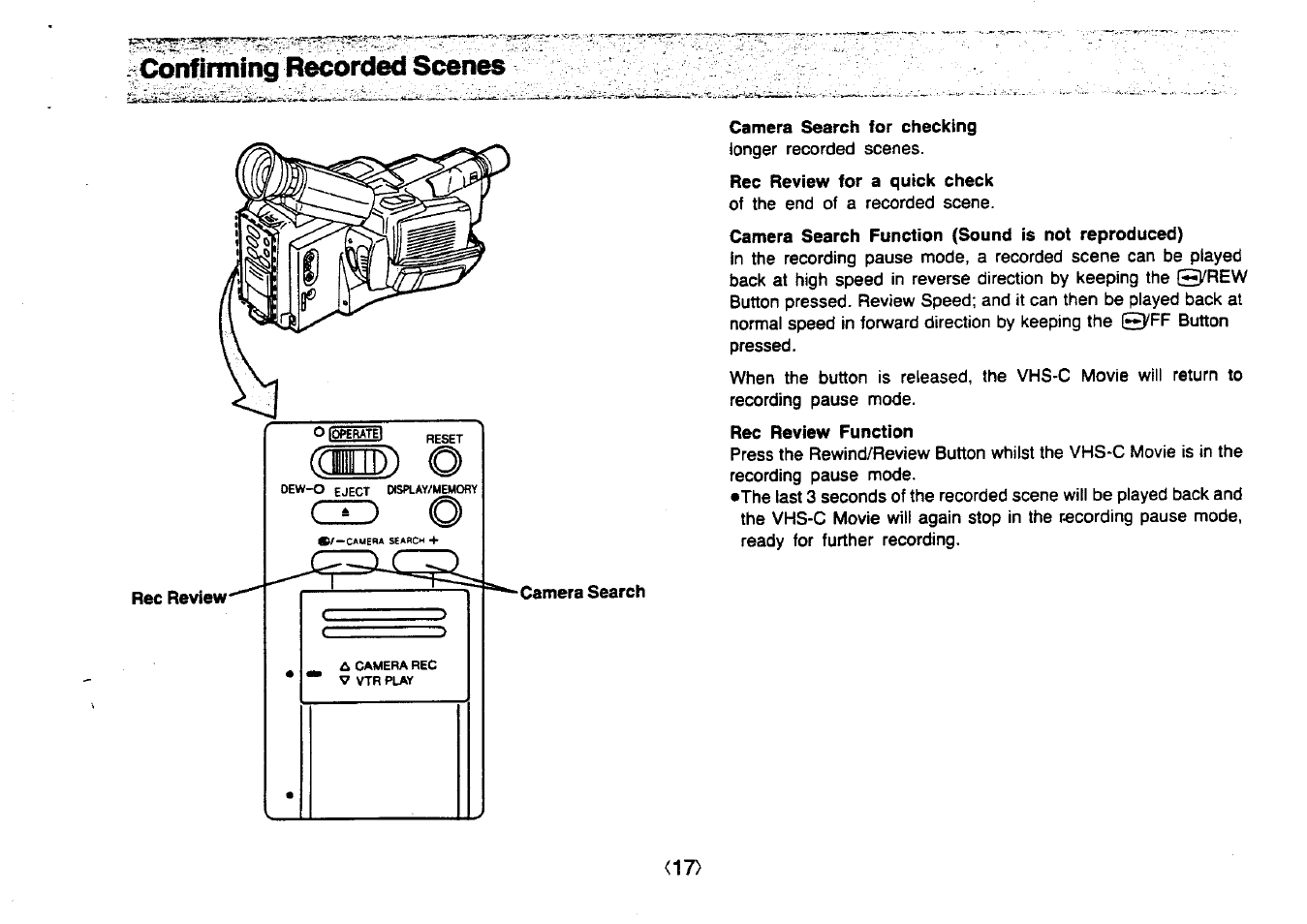 Confiiming record!^ scenes, Camera search for checking, Rec review function | Panasonic NV-MC20 User Manual | Page 17 / 42