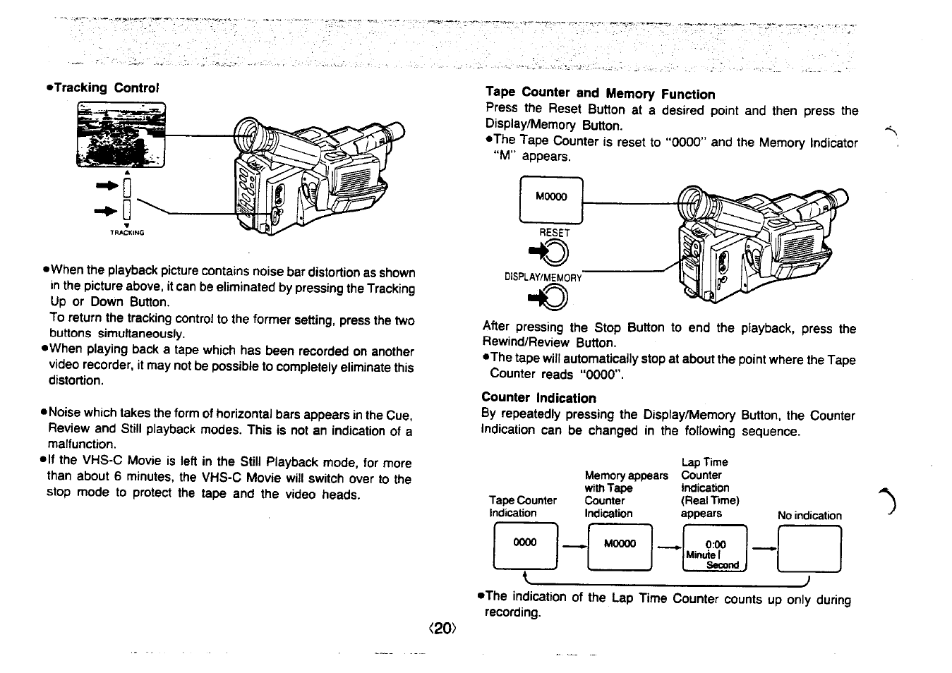 Tape counter and memory function, Counter indication | Panasonic NV-MC20 User Manual | Page 20 / 42