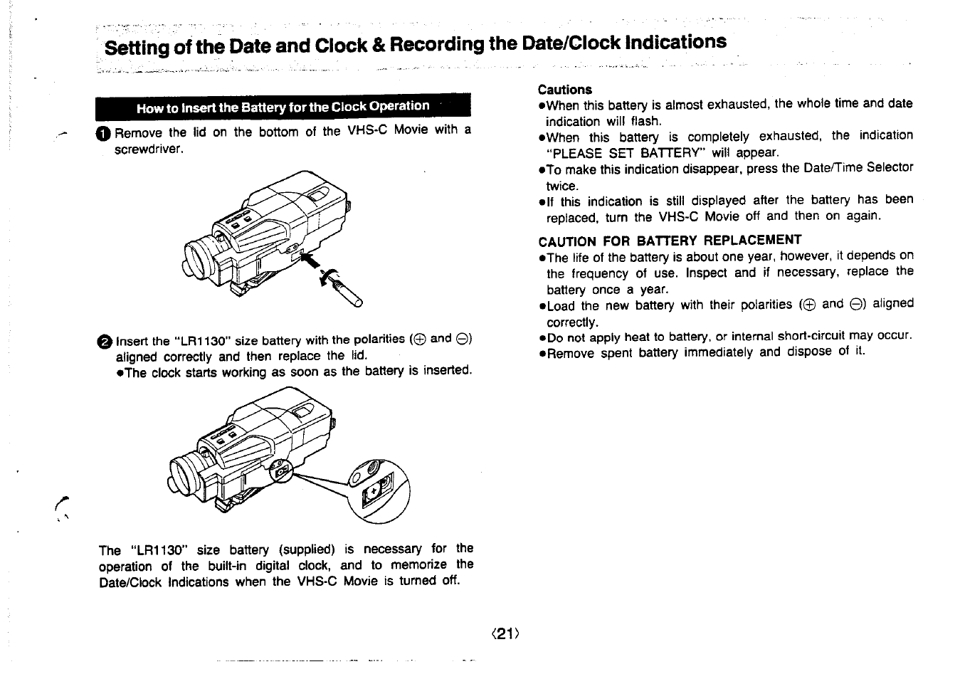 Cautions, Caution for battery replacement | Panasonic NV-MC20 User Manual | Page 21 / 42