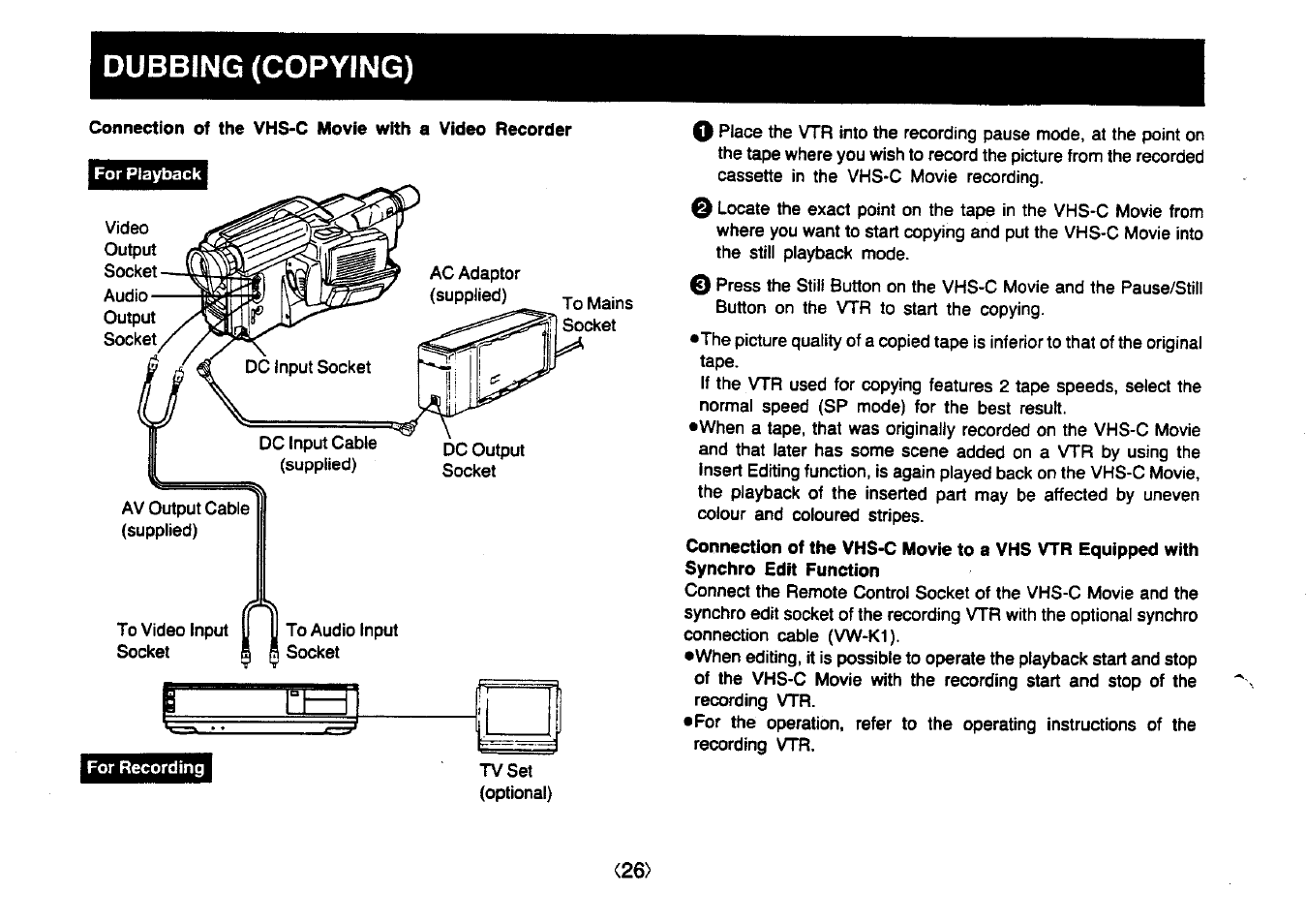 Dubbing (copying) | Panasonic NV-MC20 User Manual | Page 26 / 42