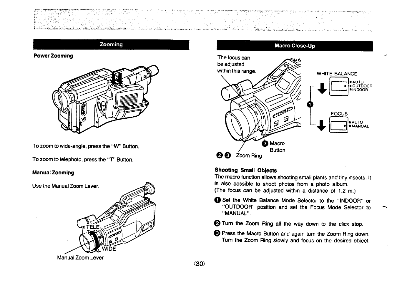 Power zooming, Shooting small objects | Panasonic NV-MC20 User Manual | Page 30 / 42