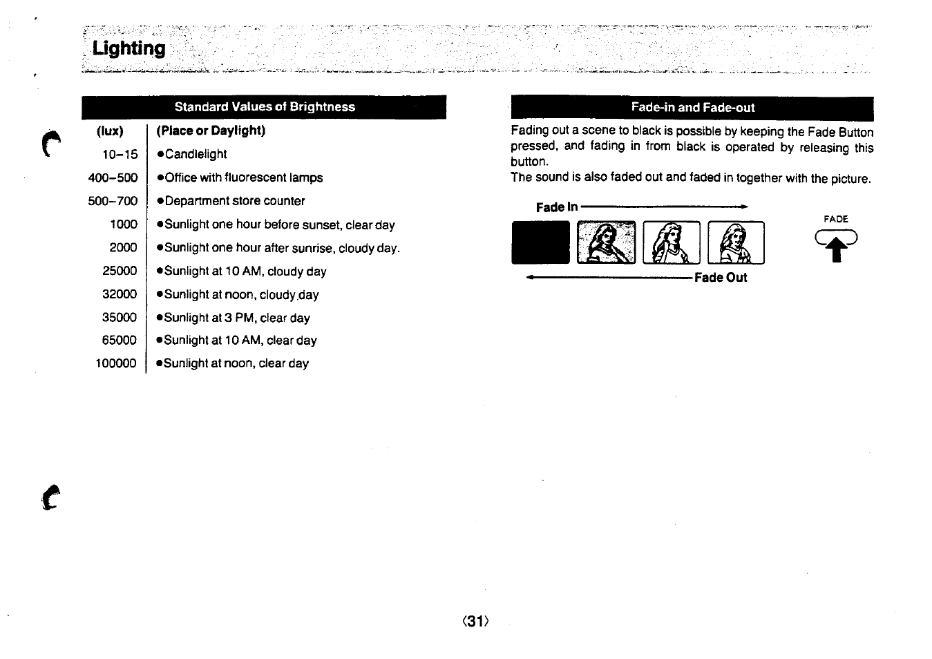 Lighting, Lux) | Panasonic NV-MC20 User Manual | Page 31 / 42