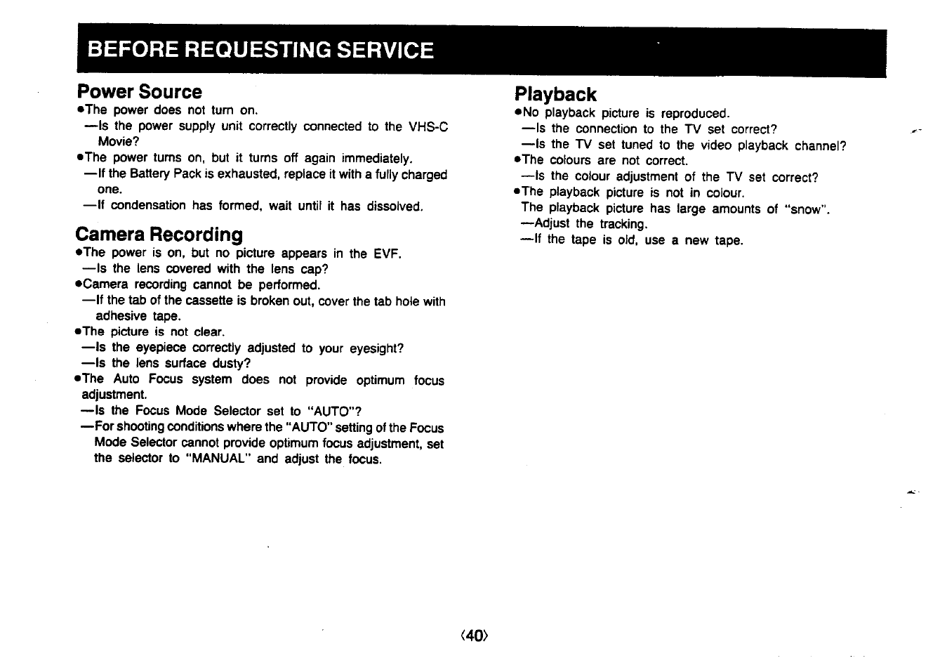 Before requesting service, Power source, Camera recording | Playback | Panasonic NV-MC20 User Manual | Page 40 / 42