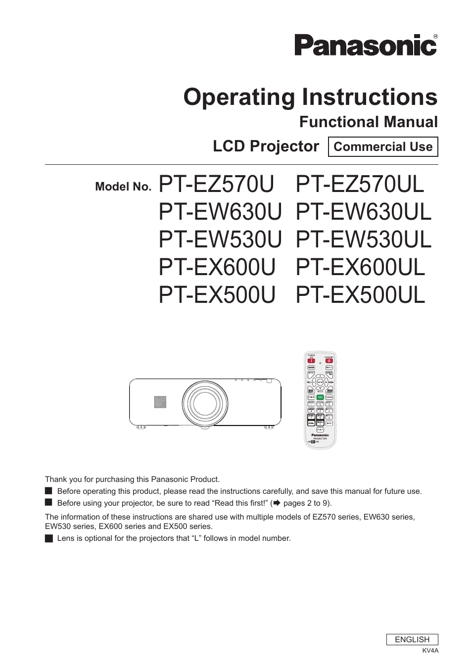 Panasonic PT-EW630U User Manual | 118 pages