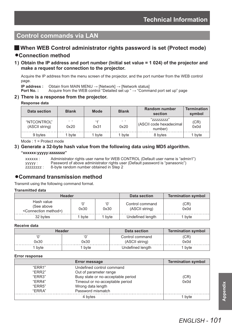 Control commands via lan, Technical information, English | Connection method, Command transmission method | Panasonic PT-EW630U User Manual | Page 101 / 118