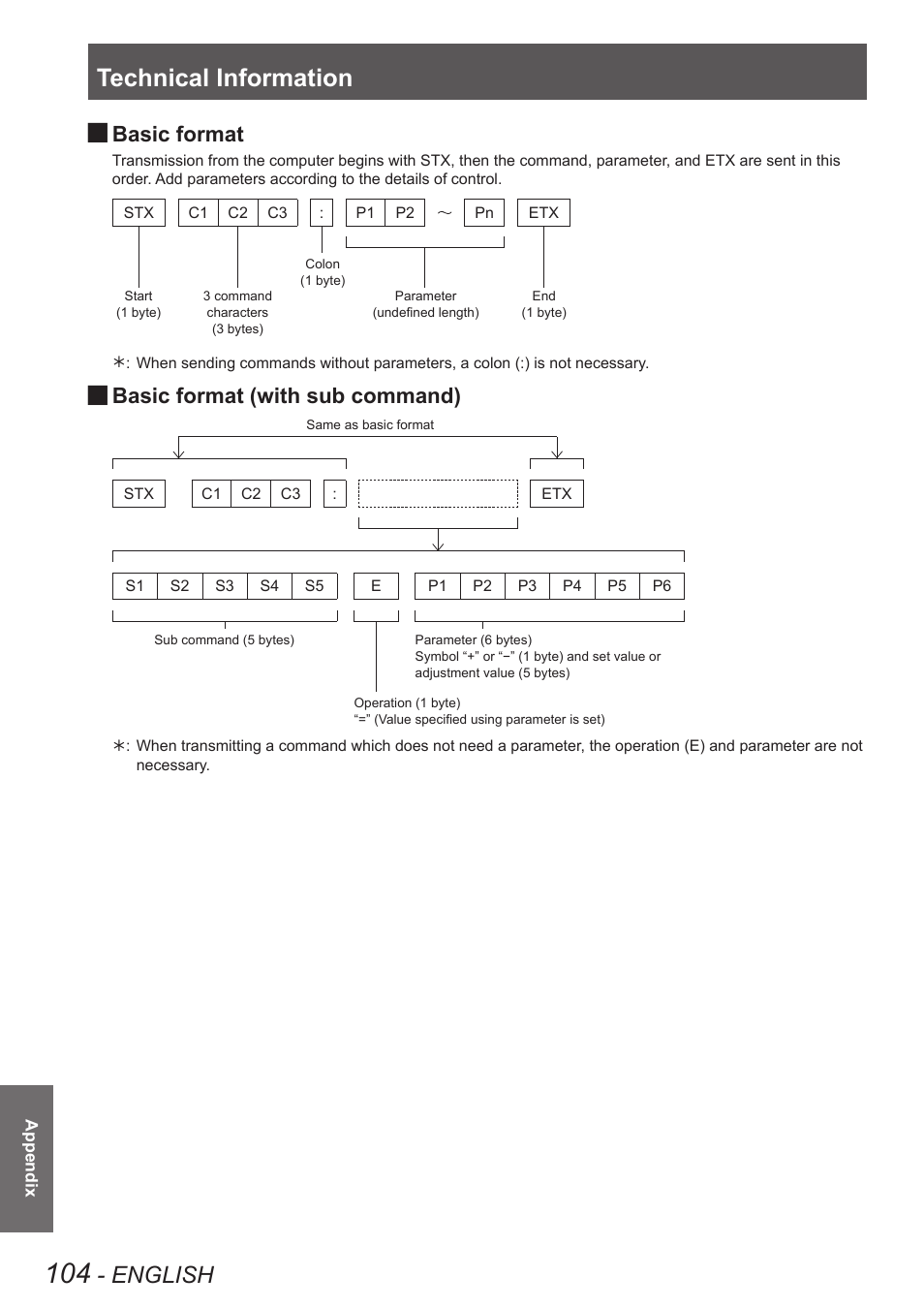Technical information, English, Basic format | Basic format (with sub command) | Panasonic PT-EW630U User Manual | Page 104 / 118