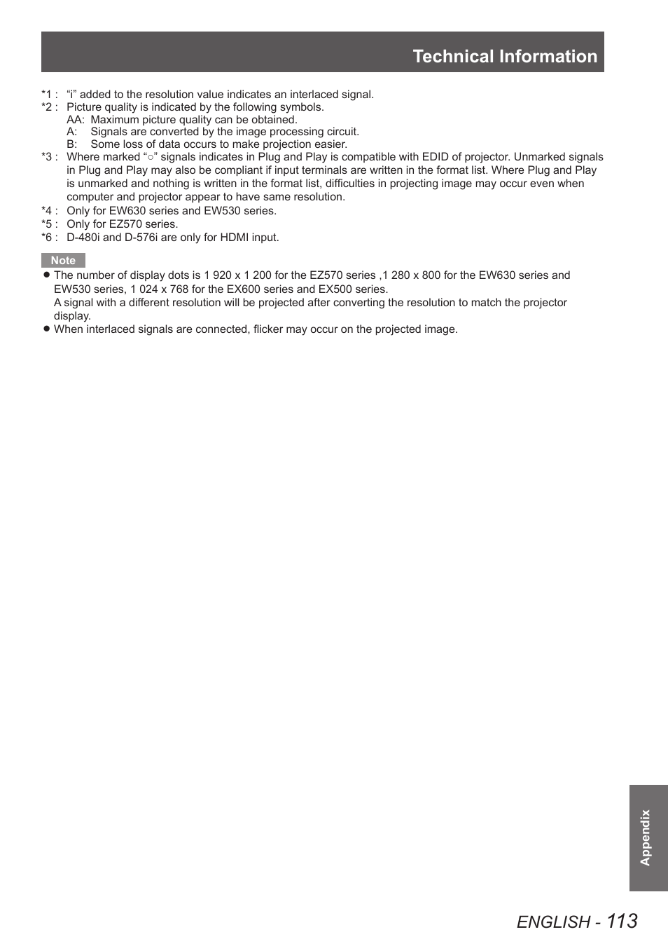 Technical information, English | Panasonic PT-EW630U User Manual | Page 113 / 118