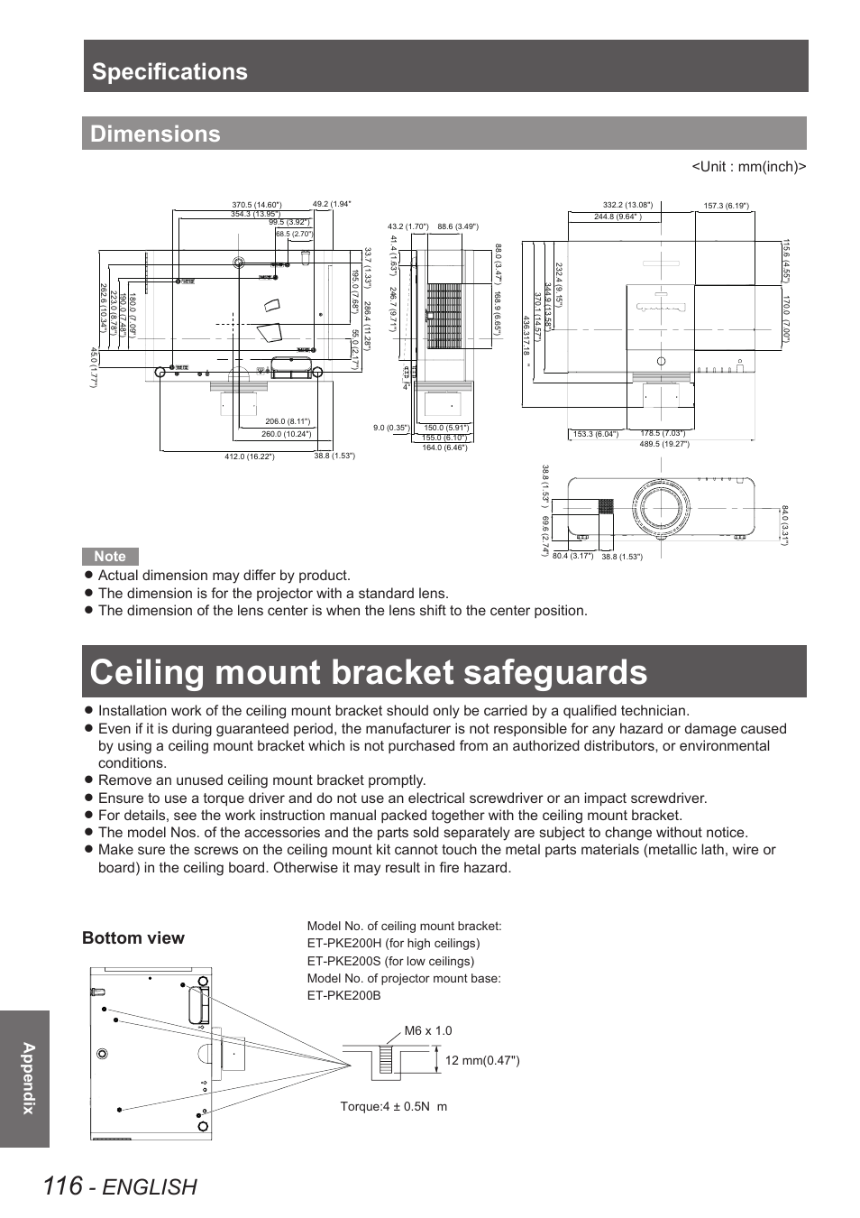 Dimensions, Ceiling mount bracket safeguards, Specifications | English, Bottom view, Appendix, Unit : mm(inch) | Panasonic PT-EW630U User Manual | Page 116 / 118