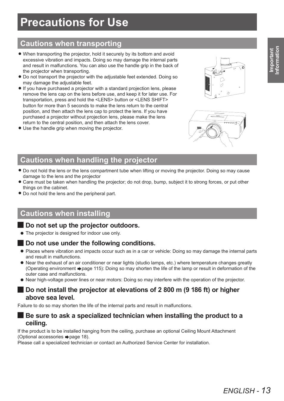 Precautions for use, Cautions when transporting, Cautions when handling the projector | Cautions when installing, English, Do not set up the projector outdoors, Do not use under the following conditions, Above sea level, Ceiling | Panasonic PT-EW630U User Manual | Page 13 / 118