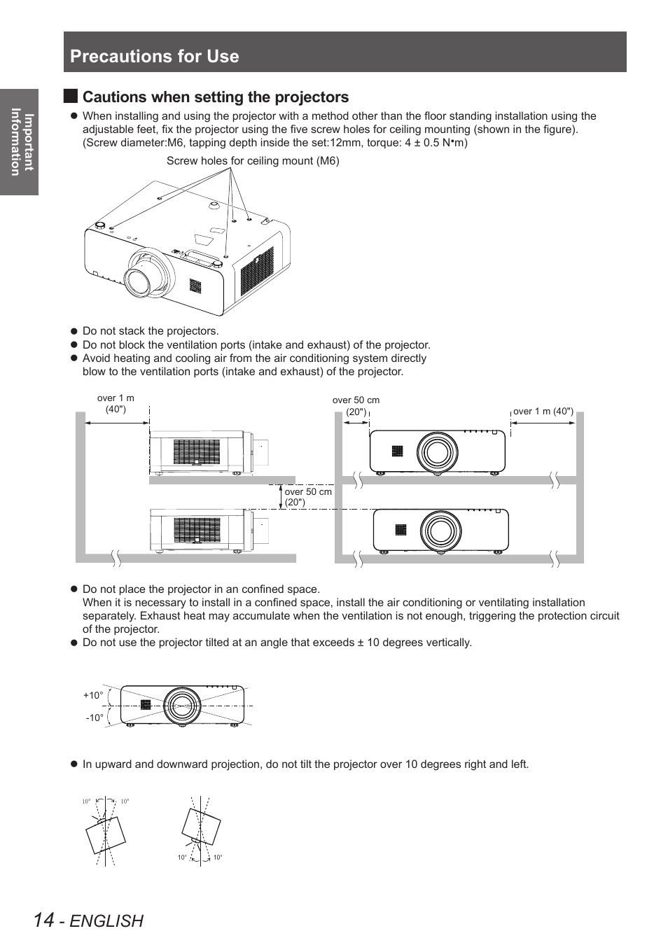 Precautions for use, English, Cautions when setting the projectors | Panasonic PT-EW630U User Manual | Page 14 / 118