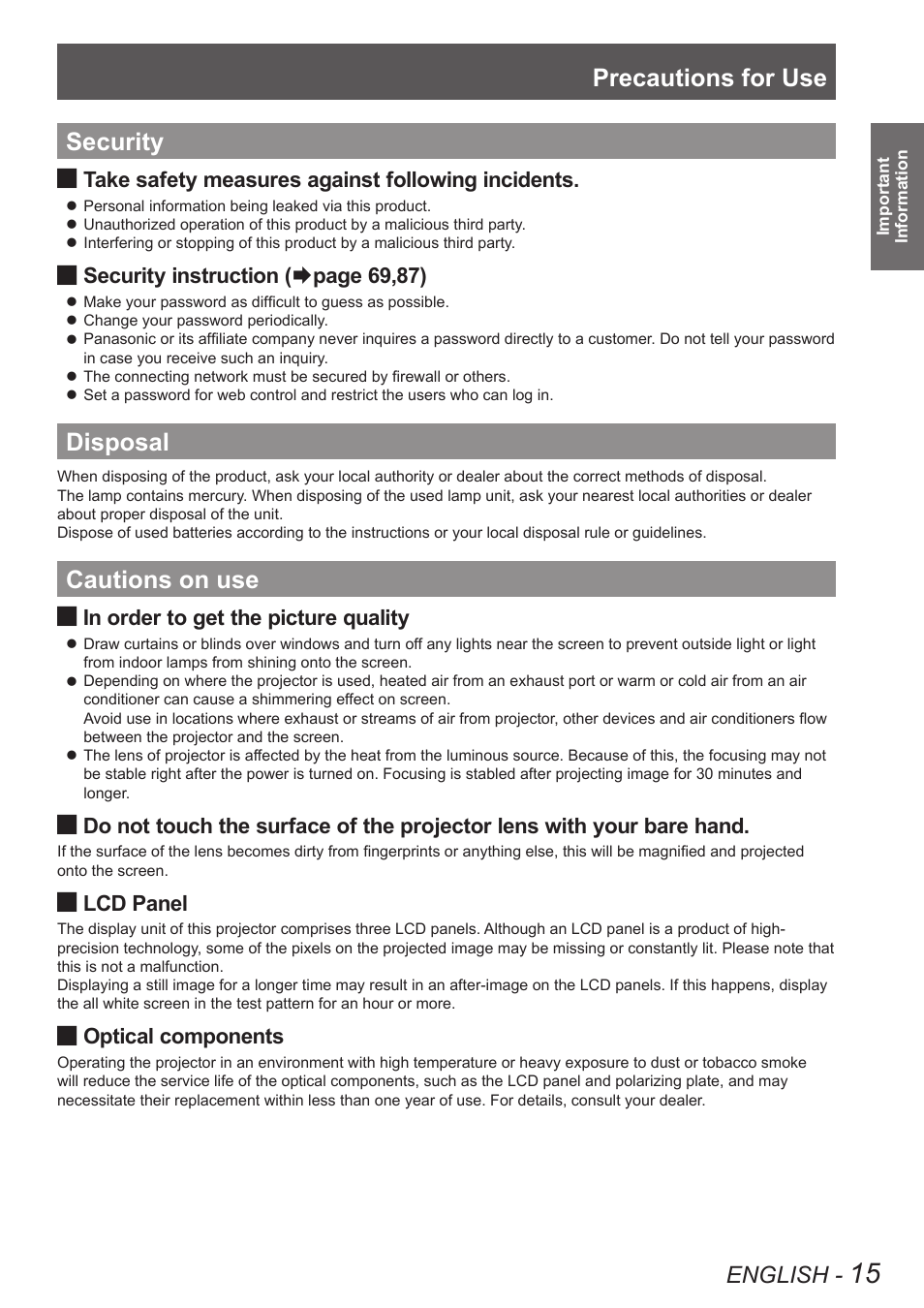 Security, Disposal, Cautions on use | Security disposal cautions on use, Precautions for use, English, Take safety measures against following incidents, Security instruction, Page 69,87), Lcd panel | Panasonic PT-EW630U User Manual | Page 15 / 118
