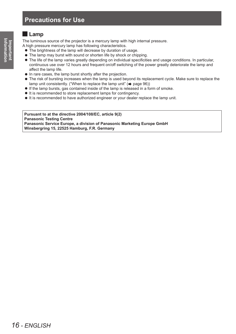Precautions for use, English, Lamp | Panasonic PT-EW630U User Manual | Page 16 / 118