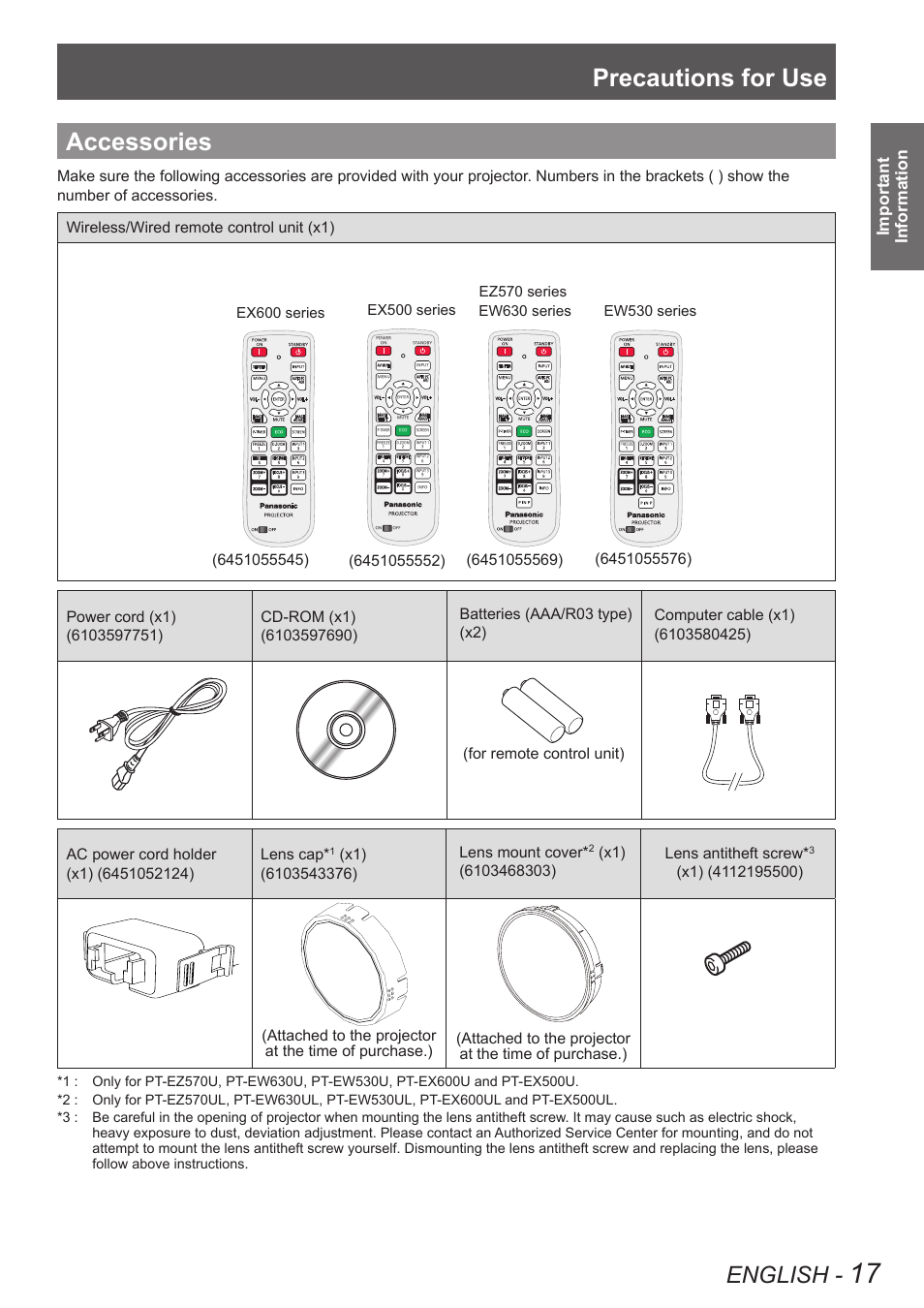 Accessories, Precautions for use, English | Important information | Panasonic PT-EW630U User Manual | Page 17 / 118