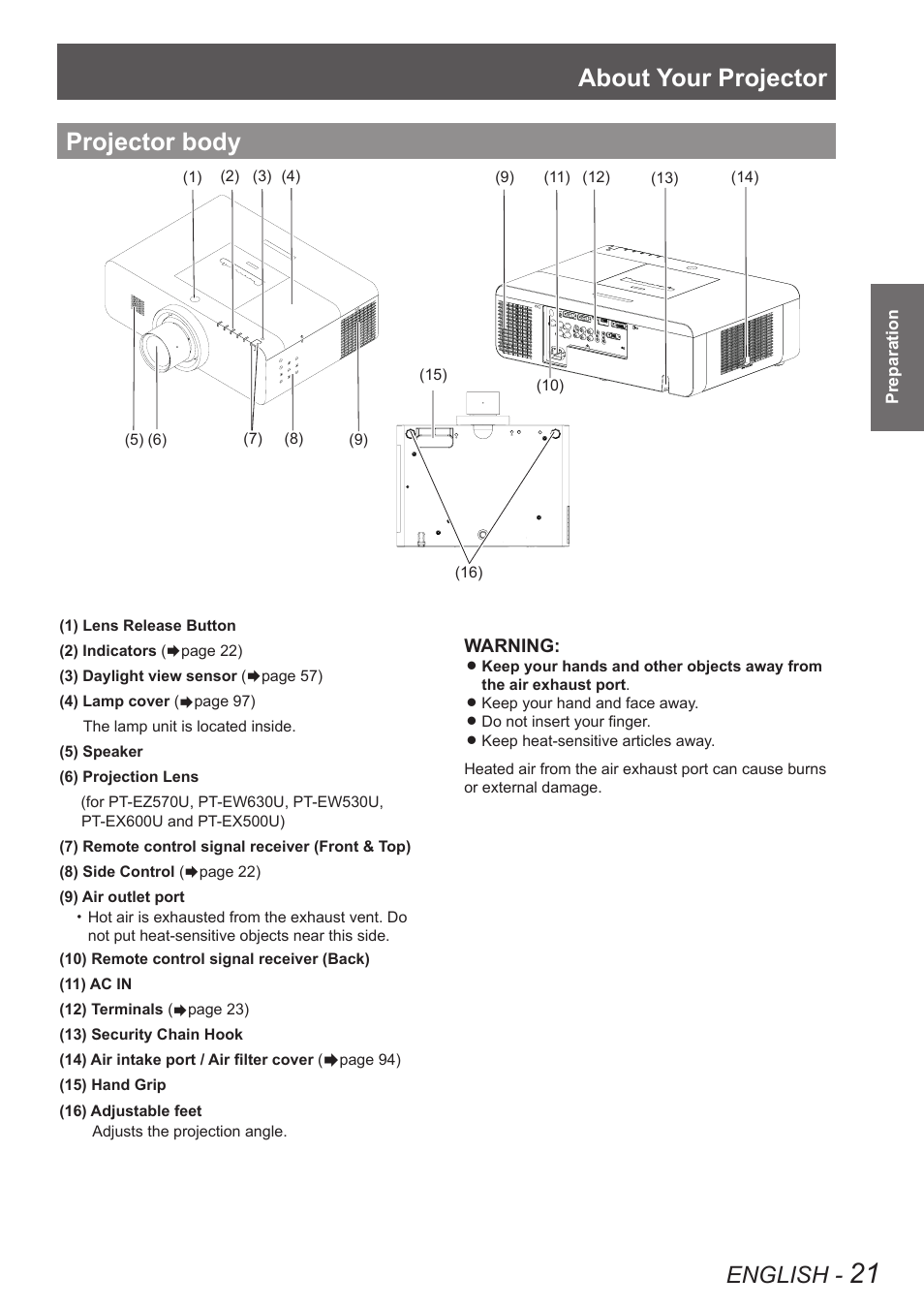Projector body, About your projector, English | Panasonic PT-EW630U User Manual | Page 21 / 118