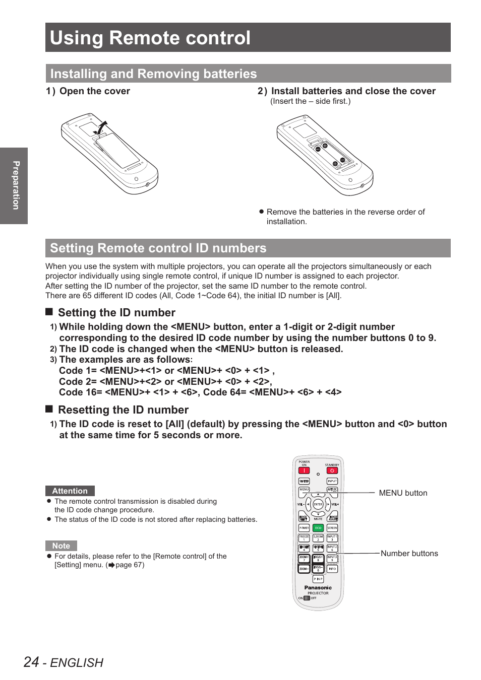 Using remote control, Installing and removing batteries, Setting remote control id numbers | English, Setting the id number, Resetting the id number | Panasonic PT-EW630U User Manual | Page 24 / 118