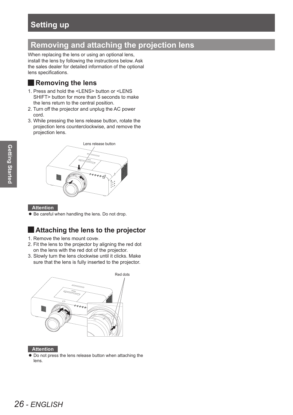 Removing and attaching the projection lens, Setting up, English | Removing the lens, Attaching the lens to the projector | Panasonic PT-EW630U User Manual | Page 26 / 118