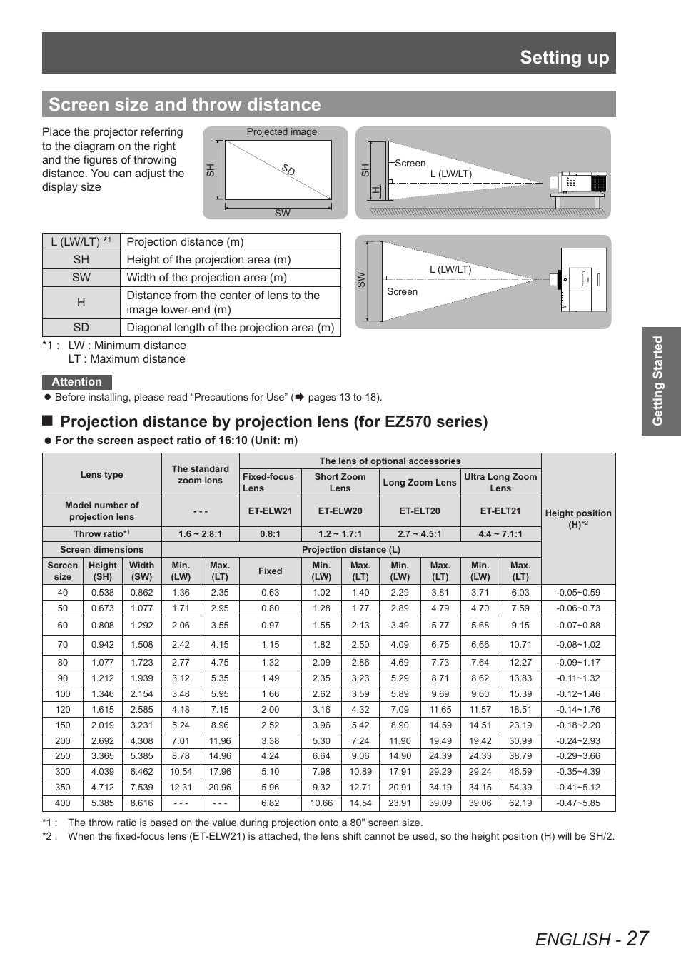 Screen size and throw distance, Setting up, English | Getting started | Panasonic PT-EW630U User Manual | Page 27 / 118
