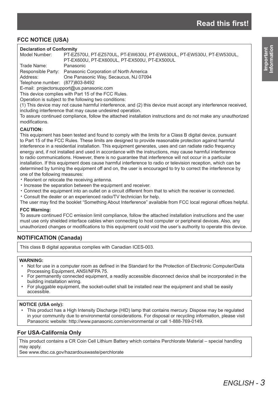 Read this first, English | Panasonic PT-EW630U User Manual | Page 3 / 118