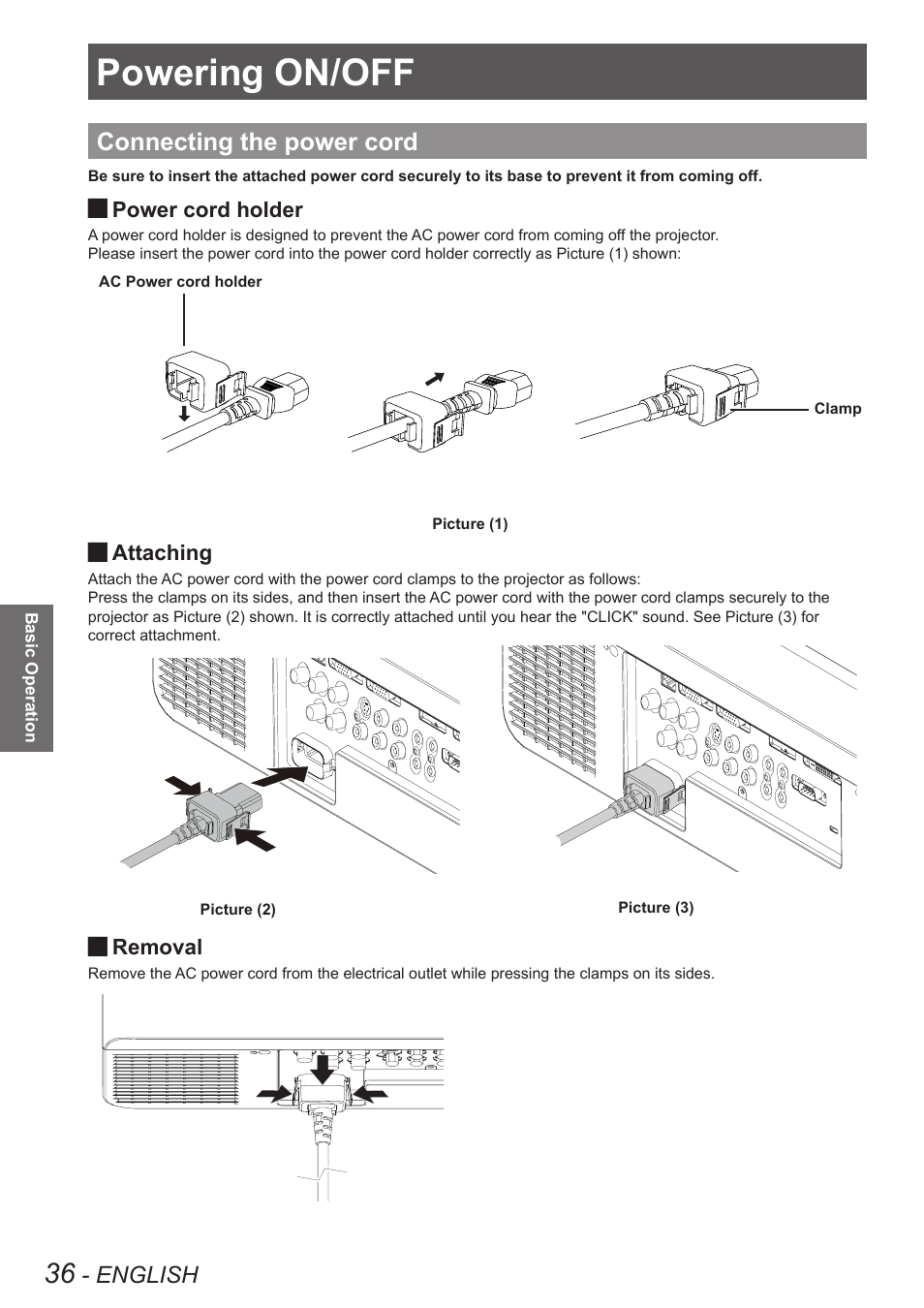 Basic operation, Powering on/off, Connecting the power cord | English | Panasonic PT-EW630U User Manual | Page 36 / 118