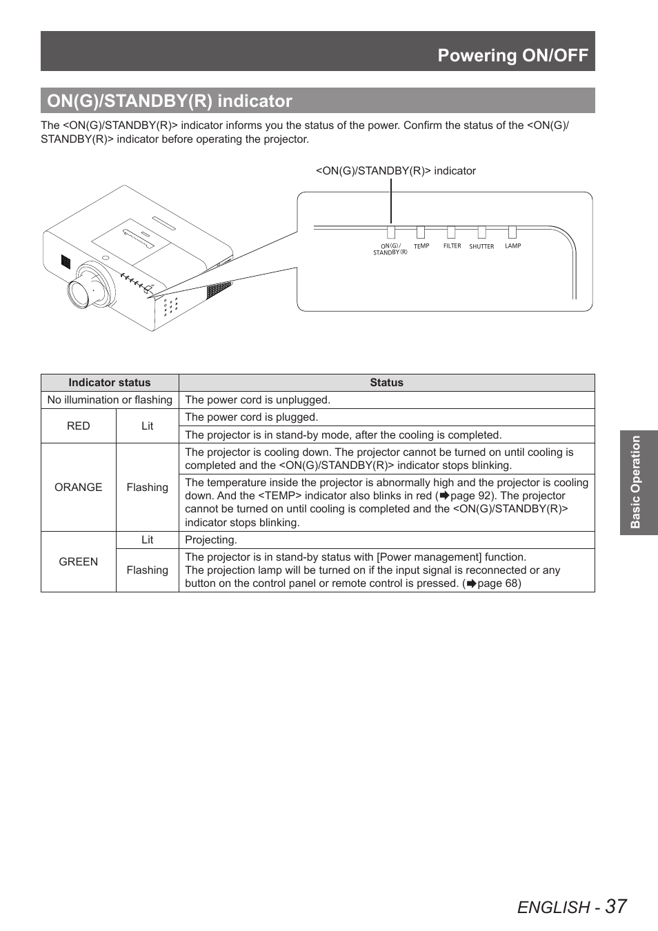 On(g)/standby(r) indicator, Powering on/off, English | Panasonic PT-EW630U User Manual | Page 37 / 118