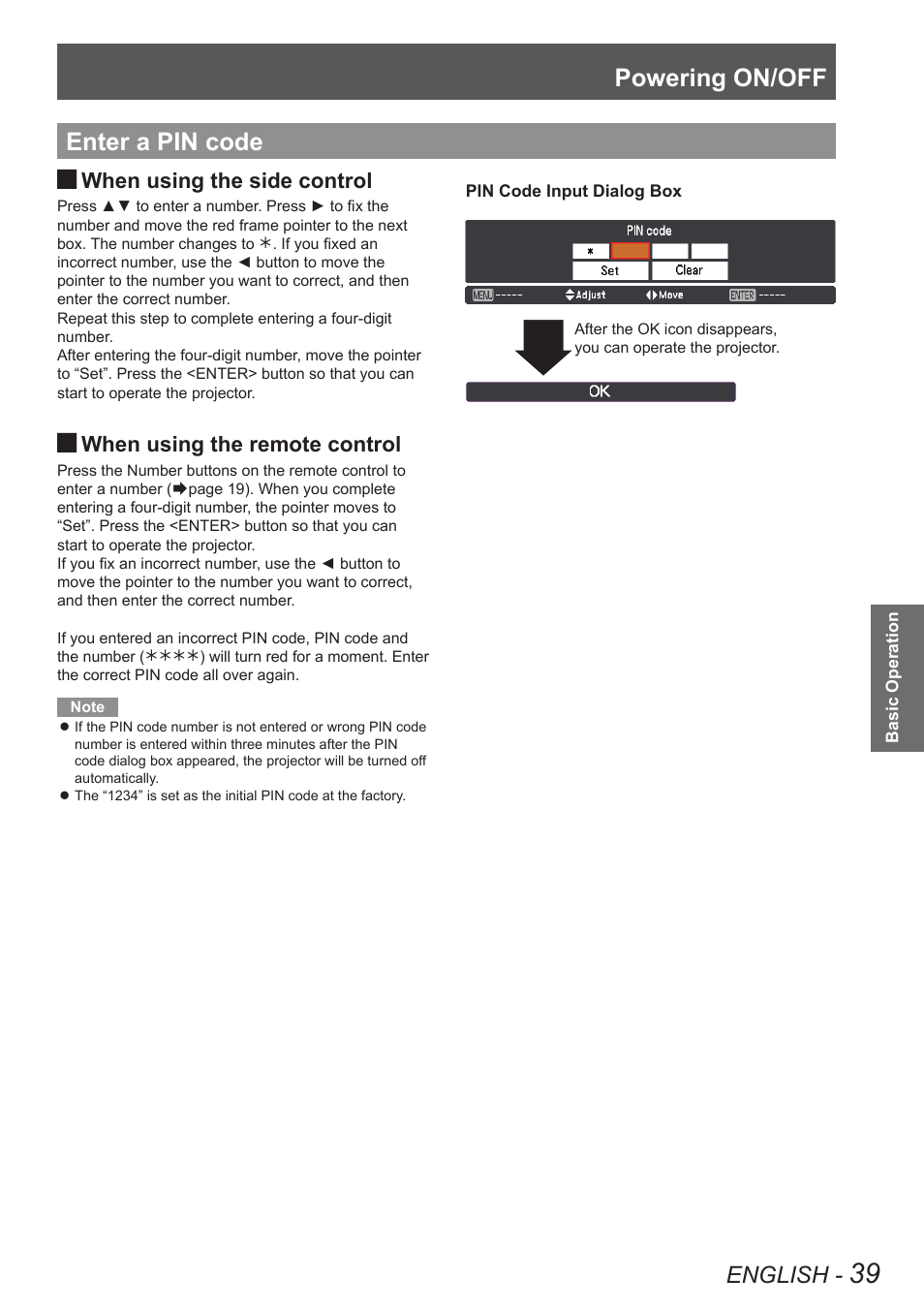 Enter a pin code, Powering on/off, English | When using the side control, When using the remote control | Panasonic PT-EW630U User Manual | Page 39 / 118