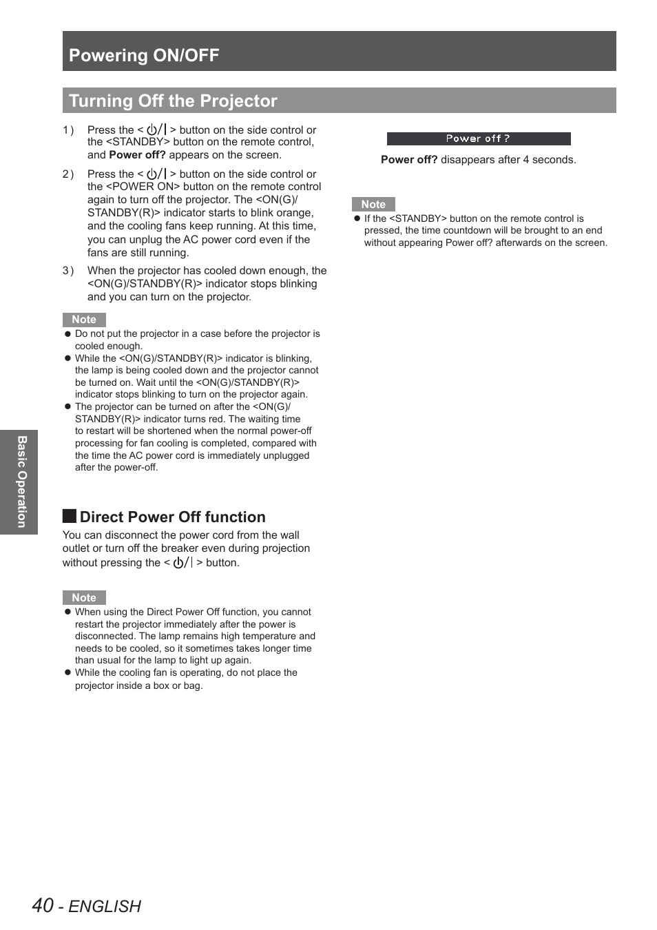 Turning off the projector, Powering on/off, English | Direct power off function | Panasonic PT-EW630U User Manual | Page 40 / 118