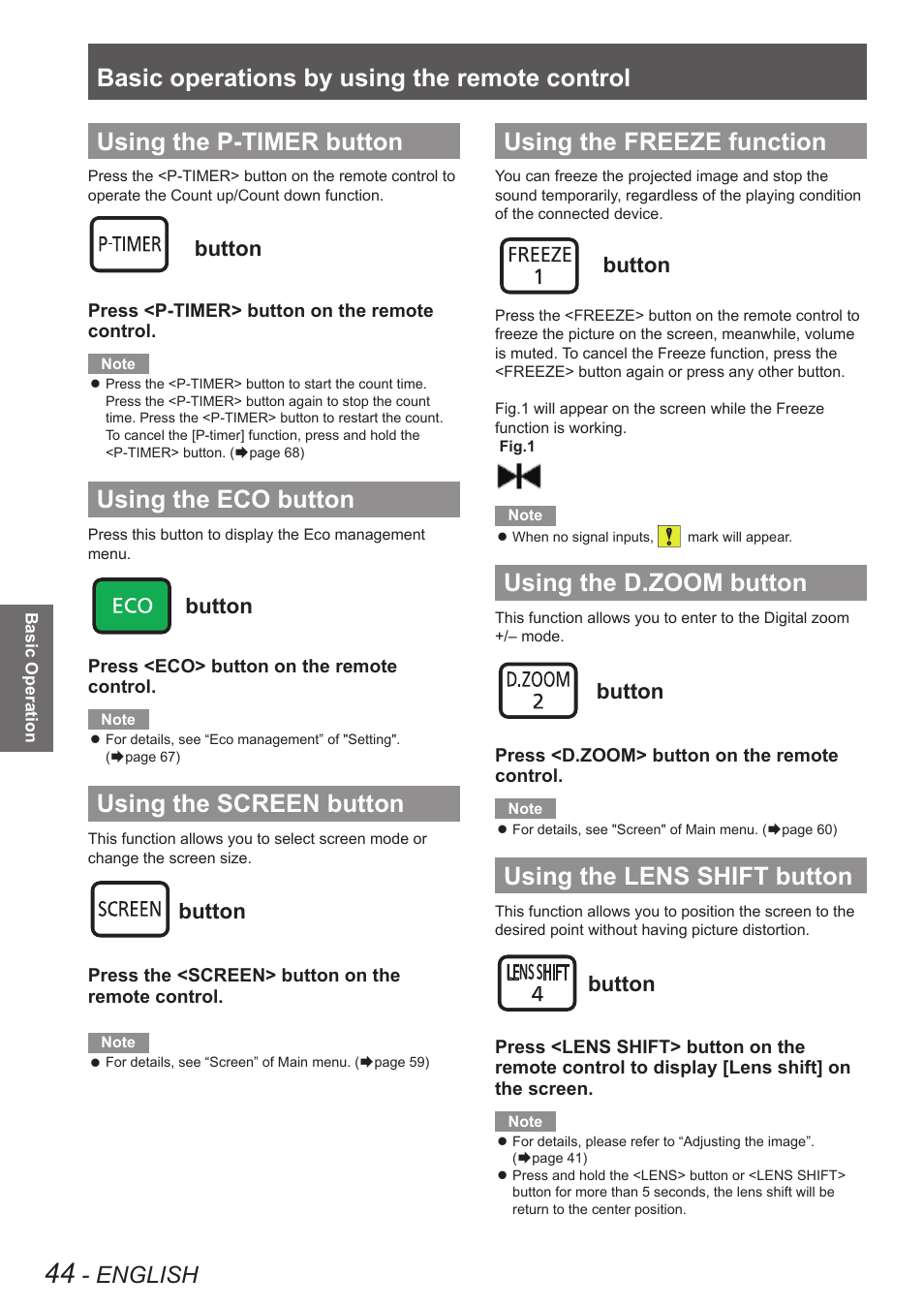 Using the p-timer button, Using the eco button, Using the screen button | Using the freeze function, Using the d.zoom button, Using the lens shift button, Basic operations by using the remote control, English, Button | Panasonic PT-EW630U User Manual | Page 44 / 118