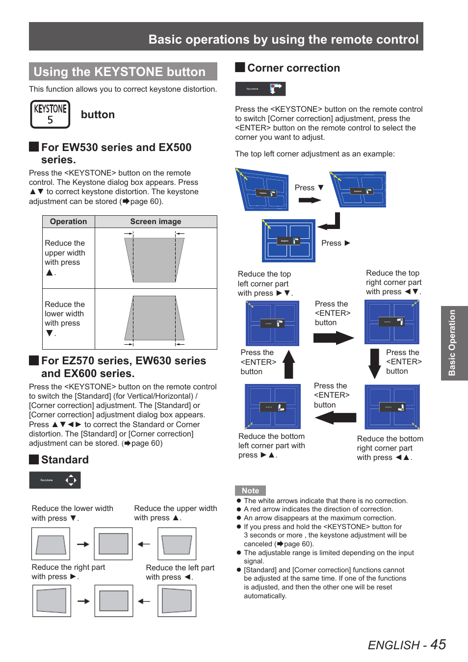 Using the keystone button, Basic operations by using the remote control, English | Series, And ex600 series, Standard, Corner correction | Panasonic PT-EW630U User Manual | Page 45 / 118