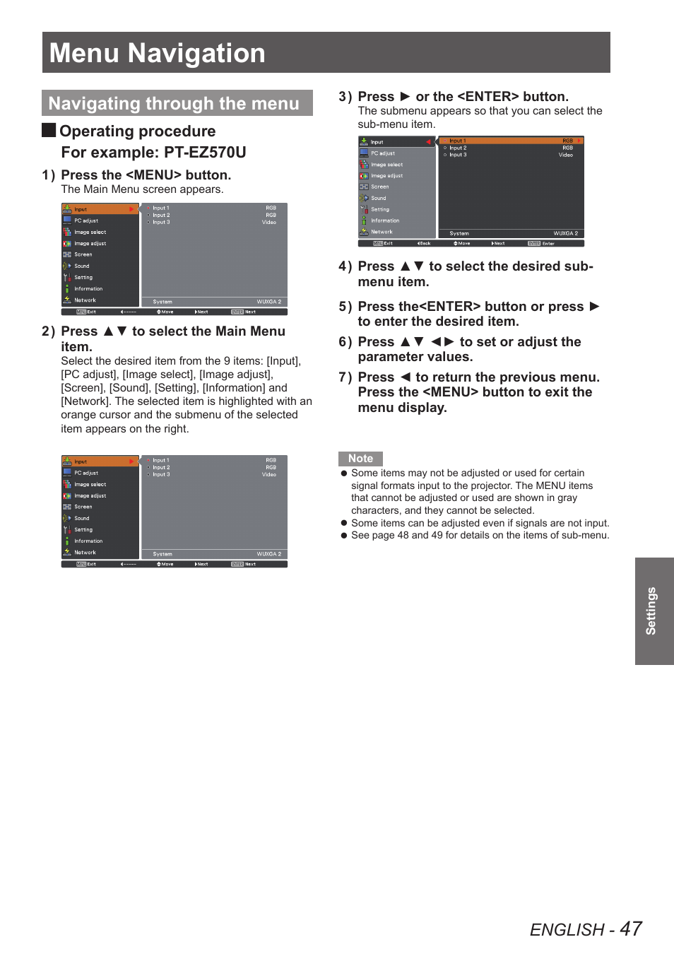 Settings, Menu navigation, Navigating through the menu | English, Operating procedure, For example: pt-ez570u | Panasonic PT-EW630U User Manual | Page 47 / 118